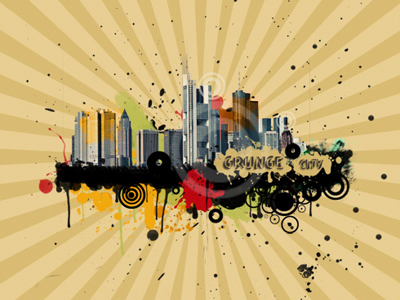 Urban City Scene on Grunge Background Tutorial: Final Result (Click to enlarge)