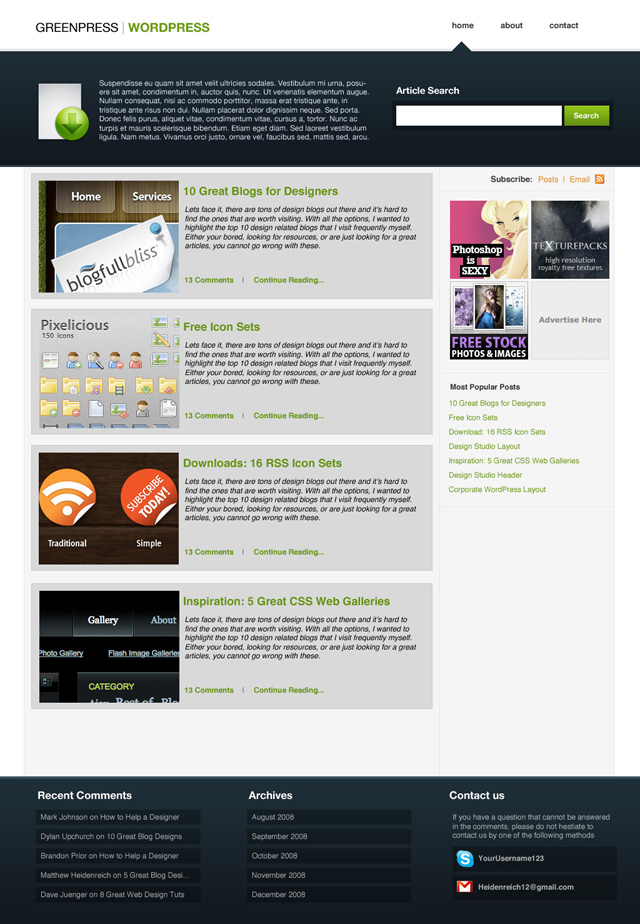 GreenPress WordPress Theme Design Tutorial: Final Result