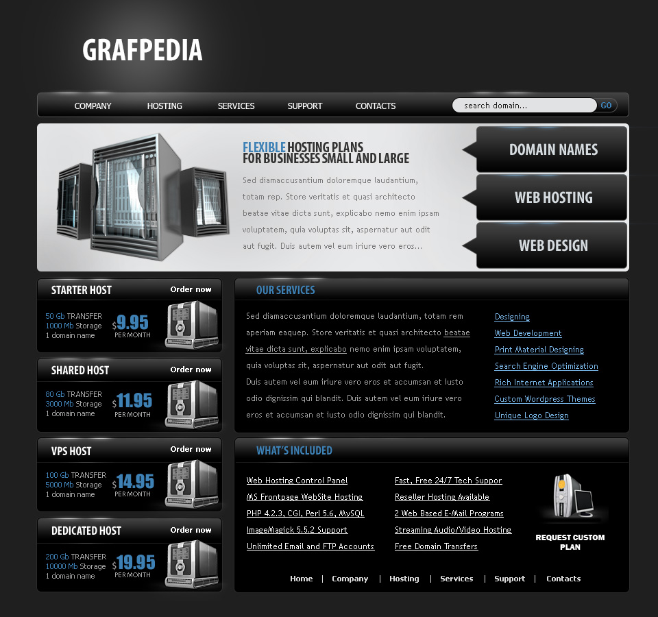 Create a professional dark web hosting layout