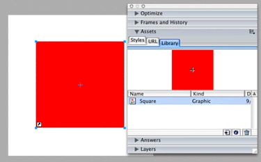 Figure 2 When created, the symbol remains in the Library, and the instance of the symbol is on the Fireworks MX canvas.
