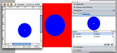Figure 4 When a symbol is changed in the Fireworks Symbol Editor, the change is reflected in the Library and on the canvas