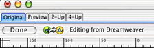 Figure 5 When you click the Edit button in Dreamweaver to launch Fireworks MX, the Done button and Editing from Dreamweaver appear on the main Fireworks MX window