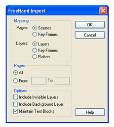 Figure 12  The Freehand Import dialog box in Flash MX allows you to choose how  Flash MX treats the artwork