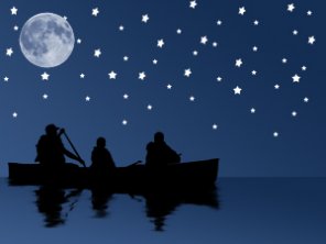 Lake with a Boat in a Moon Night