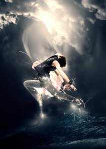 Design a surreal departing jump scene with cloud warping in photoshop