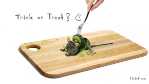 Create a Dramatic and Surreal Halloween 'Kiwimouse'.