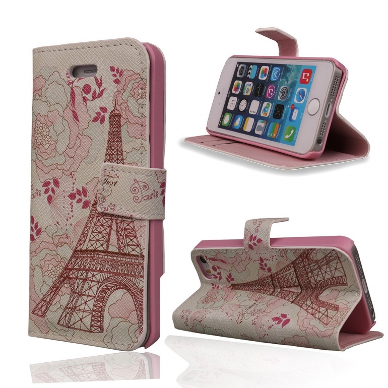 TRURENDI Vintage Retro Paris Eiffel Tower Girls Cute Animal Painted Art Series PU Leather Wallet Flip Case Cover with Card Slot and Magnetic Snap for iPhone 4/4S (Eiffel Tower & Flowers)