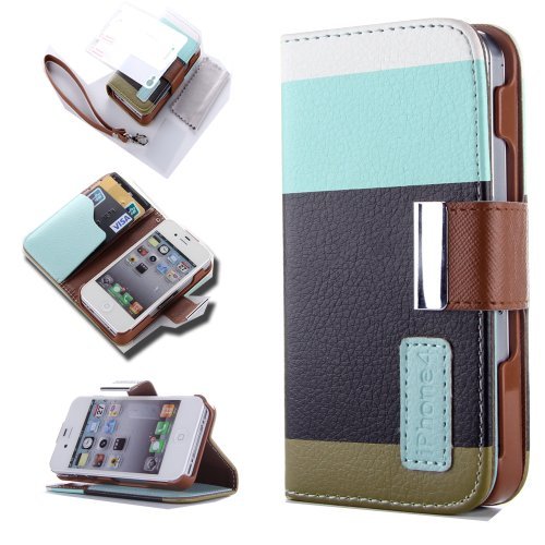ATC Wallet Leather Case stand with Credit ID Card slot Holder Cover Pouch For iPhone 4 4S with free screen protector- Black, Brown, Blue