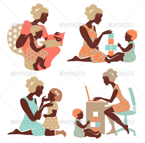 Set of Mother and Baby Silhouettes 